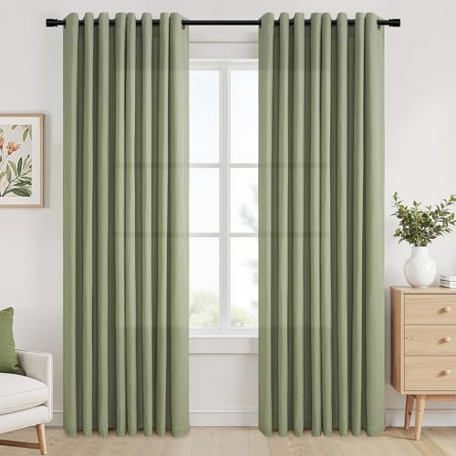 Topfinel Grün Salbeigrün Gardinen Ösen Halbtransparent Leinen Baumwolle Boho Style Vorhänge Hellgrün 240 cm lang, Leinenoptik Vorhang für Kinderzimmer Junge, Ösenvorhang 2er Set 240x140cm (HxB)