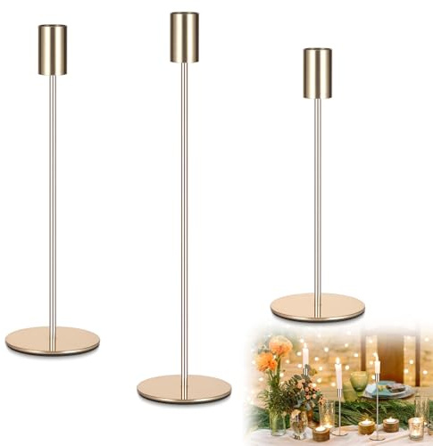 Hejo Kerzenständer Gold, 3 Stück Metall Kerzenhalter 32/27/22cm, Vintage Dekor Stabkerzen Halter für Hochzeiten, Geburtstage, Tischdekorationen, Romantisches Candle Light Dinner