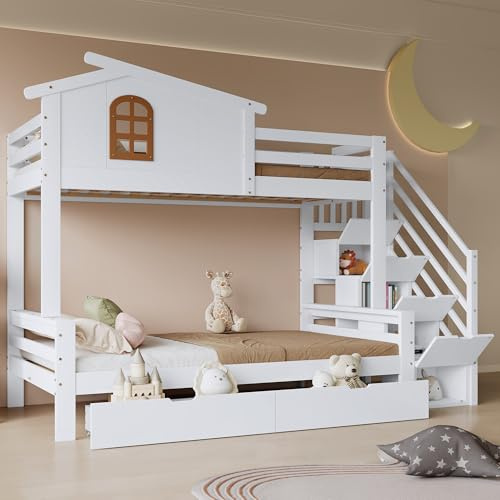 Arhatreya Etagenbett 90x200 cm, Kinderbett mit Fenster, Stockbett mit Zwei Schubladen, Holzbett mit Eck-Leiterschrank, Bett für Kinder Jugendliche (Ohne Matratze) Weiß+Natur