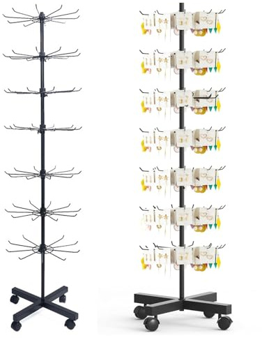 TOOSOAR 7-Stöckiges Verkaufsständer Drehbar,Display Ständer mit Haken,mit Rollen,Beweglich und Verstellbar,für Hüte, Schmuck, Socken & Seidenschals(Schwarz)