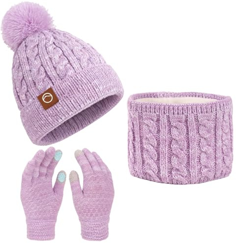 Fiohiros Mädchen Wintermütze, Schal, Handschuhe, Set, Kinder, weiche, warme Mütze, Halswärmer, Fäustlinge für 4–10 Jahre alte Mädchen