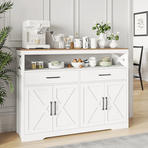 FOERPL Buffet Salle a Manger, Buffet Bas Meubles De Rangement pour Salon avec 4 Portes et 2 Tiroirs Commode Basse Bahut De Salle a Manger pour Cuisine Couloir Salon Entrée (G Blanc, 140cm)