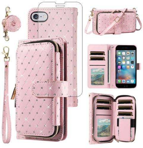 Asuwish Phone Cover for iPhone 6 6s Wallet Case Cell Zipper with Screen Protector Crossbody Lanyard Strap Bling Glitter Flip Slot iPhone6 Six i6 S iPhone6s i Phone6s Phone6 6a S6 6SE Women Girls Pink