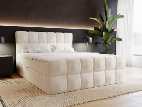 GRAINGOLD Alicante Bett, Boxspringbett mit Bettkasten, Polsterbett mit Bonell-Matratze, Velvet-Stoff, mit Topper, mit Kopfteil (Beige, 140x200)