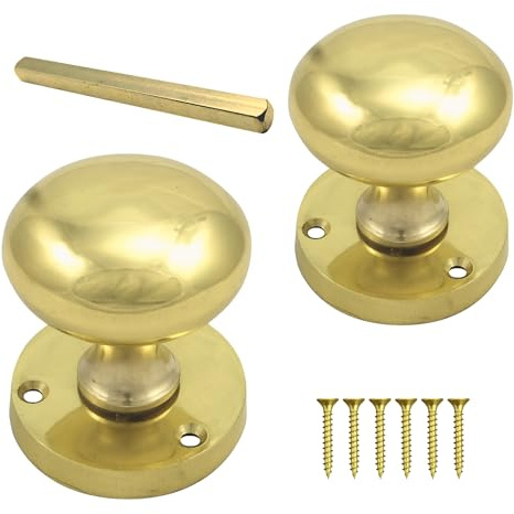 keypak 55mm Sprung Mortice Door Knobs for Internal Wood Doors Brass Plated | Complete Pair, Spindle & Fixings Included, 2 Handle for Wooden Doors, Colour Matching Screws