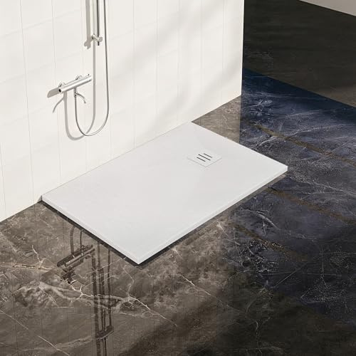 1000 x 700mm Rectangular SMC Shower Base Tray Anti Slip White | Slate Effect Surface with Slip Resistance, 32mm Height, for Walk-In Wetroom & Shower Enclosure, High Load 300kg Capacity