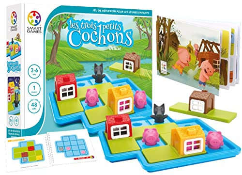SmartGames - Les Trois Petits Cochons du Loup - Jeu de Réflexion - Protégez - Livre de Conte Illustré et Livret de 48 Défis Inclus - 1 Joueur - Pour Enfants de 3 à 6 Ans