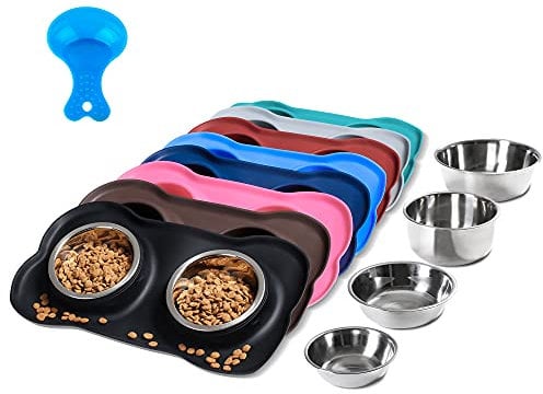 Hubulk 2 Stainless Steel Pet Dog Bowls with No Spill Non-Skid Silicone Mat + Pet Food Scoop Water and Food Feeder Bowls for Feeding Small Medium Large Dogs Cats (Large, Black)
