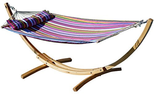 ASS 320cm Hängemattengestell XL Limited Edition aus Holz Lärche mit Stab Hängematte gefüttert und Polster Schrauben aus Edelstahl von Farbe:Gestell Natur mit Matte PINK