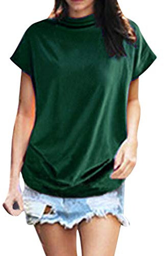 iHENGH Damen Top Bluse Bequem Lässig Mode T-Shirt Frühling Sommer Blusen Frauen Rollkragen Kurzarm Baumwolle Solide Casual Top(Grün, M)