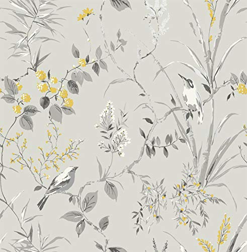Floral Birds Wallpaper Grey Yellow Metallic Flower Shimmer Fine Decor Mariko from Y�L