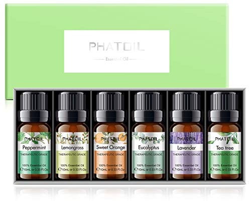 PHATOIL Aceites Esenciales para Humidificador, Aceites Esenciales Naturales Puros para Difusor Aromaterapia, Aceite Esencial Eucalipto, Lavanda, Menta, Tee Tree, Naranja, Lemongrass(6 x 10ml)