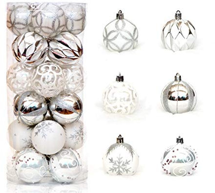 Zinsale 6cm/2.36 24PCs Weihnachtsbaumkugeln Bruchsicher Plastik Weihnachtskugeln Christbaumkugeln Baumschmuck Ornament Anhänger Urlaub Party Festival Dekor (Silber + Weiß)