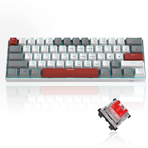 MageGee MK-Mini 60% Mechanical Gaming Keyboard, 61 Keys Compact Red Switch Gaming Keyboard, Portable USB Type-C Wired Office Keyboard with Blue LED Backlit for PC Laptop, Gray & White