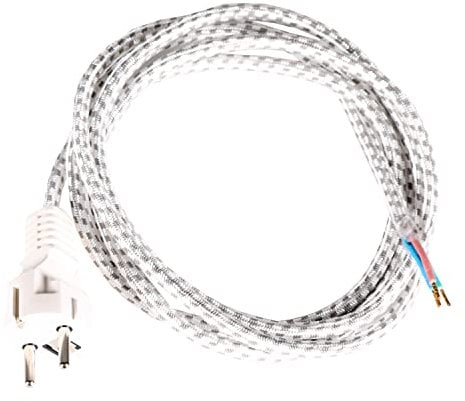 H4L Anschlußkabel 2m Weiß/Grau mit Stecker Textil Kabel H03RT-F 3x0,75mm² Anschlußleitung Textilummantelt Bügeleisenkabel Netzkabel