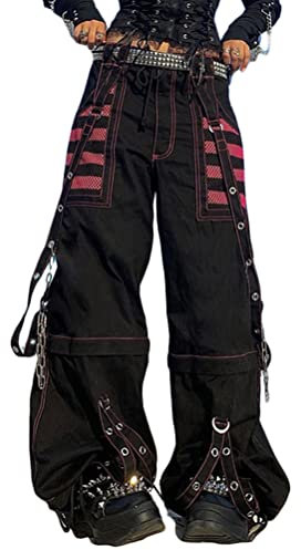 Minetom Damen Hose Lose Straight Leg Punk Stil Pants Vintage Baggy Hose mit Weitem Bein Gothic Kette Hosen Streetwear S Schwarz S