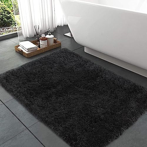 Mibao Badteppich, rutschfeste und waschbare Badematte, Weicher Flauschiger Badvorleger, Shaggy Hochflor-Mikrofasermatte für das Badezimmer, Badezimmerteppich 50 x 80 cm Schwarz Grau