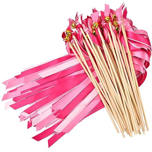 Wedding Party Ribbon Wands mit Glocke, Band Zauberstäbe Hochzeit Luftschlangen, Ribbon Fairy Stick, Wedding Wands für Hochzeit Geburtstag Feier Baby Party (Rosa Bänder)