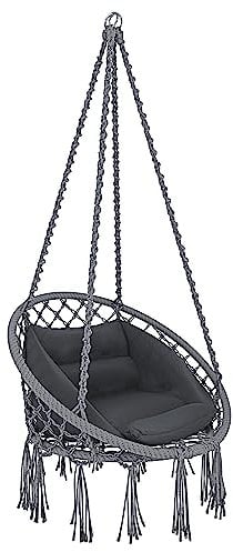 Arreditaly Poltrona Sospesa Da Giardino Corda Di Cotone Effetto Macrame' Struttura Pensile In Acciaio Cuscino Amaca Sedia A Dondolo Con Seduta Imbottita Terrazzo Design Moderno Fino A 160 Kg (Grigio)