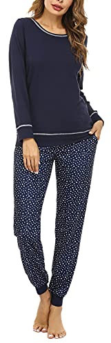 Litherday Ensemble de Pyjama Femme Coton Vêtement de Nuit à Manches Longues à Imprimé Étoiles Vêtement d'Intérieur Hiver Bleu Marine XL