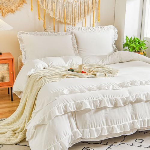 Tospass Rüschen Bettwäsche 155x220 Weiß 2Teilig Modern Romantisch Aesthetic Bettwäsche Gewaschene Microfaser Bettwäsche-Sets, 1 Bettbezug 155x220 und 1 Kissenbezug 80x80 mit Reißverschluss