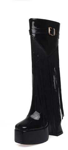 Stivali Lunghi 14Cm Moda Stivali Tacco Grosso Piattaforma Punta Quadrata Stivali Alti Tacchi Alti Taglie Forti da Donna Adatti per L'autunno E l'inverno,Nero,45 EU