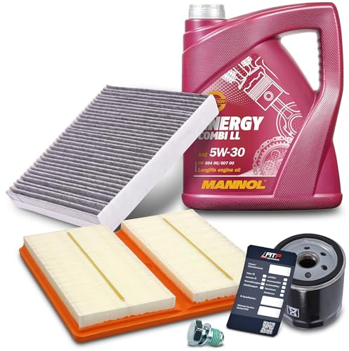 BESTPRICE Inspektionspaket Filterset mit 1x Ölfilter; 1x Innenraumfilter (Aktivkohle); 1x Luftfilter; 5l Motoröl 5W-30 MANNOL ENERGY COMBI LL; 1x Ölablassschraube; 1x Ölablassschraube