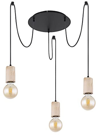 Hängelampe Hängeleuchte Pendelleuchte Pendellampe Esszimmerlampe Esstischleuchte, 3 Flammig Landhaus, Holz natur Metall schwarz, E27 Fassungen, DxH 35x160cm