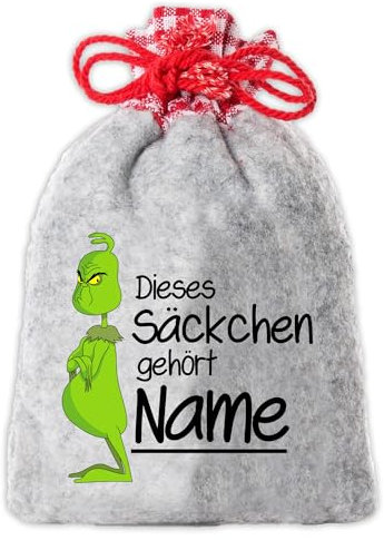Nikolaussäckchen/Weihnachtssäckchen personalisiert mit Wunsch-Namen und lustigem Weihnachts-Grinch Motiv für Kinder. Größe 20 x 30 cm