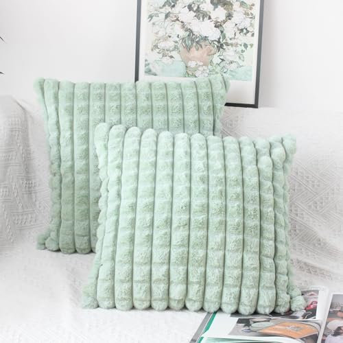 OYIMUA Salbei Grün Kissenbezug 40x40 2er Set Flauschig Kuschelkissen Plüsch Kissenbezüge Dekokissen Weich Pelz Kissenhülle Luxus Sofakissen Quadratisch Deko Kissen