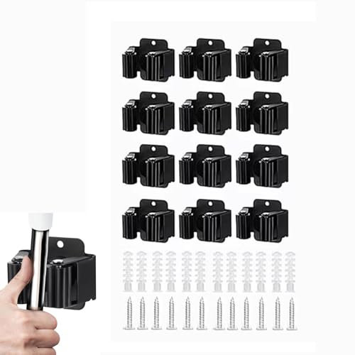 Nicoone 12pcs Stainless Steel Mop Holder Wall Mounted No Drilling Wall Mount Broom Storage Organizer, Garden Tool Organizer for Bathroom, Kitchen, Office, Closet, Garage