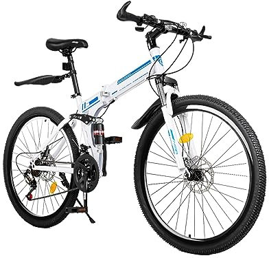 OUKANING 26 Zoll Mountainbike Klapprad Erwachsene Kohlenstoffstahl Faltrad Für Herren, Jungen, Mädchen Und Damen, 21 Gang, Sensible Doppelbremse, Geschenk (Typ C: Schwarz+Weiß+Blau)