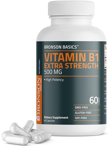 Bronson Vitamin B1 Extra Strength 500 MG High Potency Non-GMO, 60 Capsules