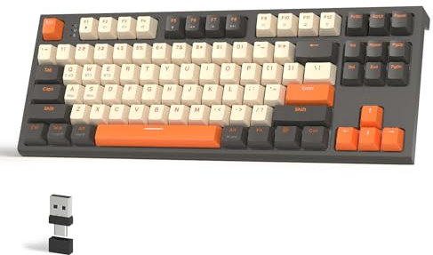 FREEWOLF M88 TKL Kabellose Gaming-Tastatur, BT/2,4 GHz Hot-Swap-fähige Mechanische Tastatur, Typ C/USB A 2-in-1-Funkempfänger, 87 PBT-Tastenkappe, Gasket Mount, Roter Schalter QWERTY,PC/MAC – Schimmer