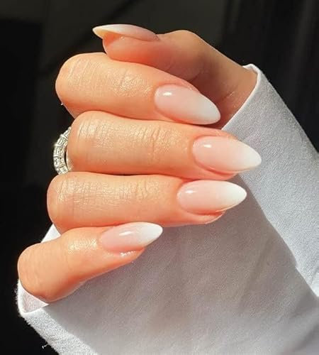 LADYING 24 Stück Gradient Oval Nägel Zum Aufkleben Kurz,Weiß Gel Press on Nails Motiv, Einfarbig Mandel Kunstnägel Fake Nails Short,Soft Gel Fingernägel Künstliche Nägel für Frauen