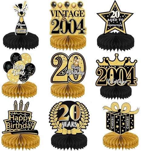 YFJSML 9 Stück Schwarze Goldene Bienenwabe Mittelstück Tischdeko Geburtstag, 20. Geburtstag Deko für Männer (Schwarze Goldene 20)