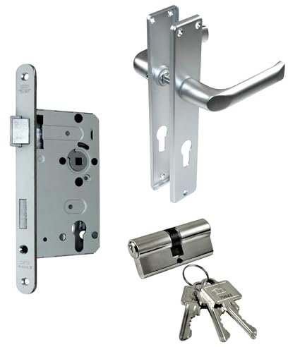 BKS Zimmertür/Wohnungstür/Badezimmer Komplett Set, inclusive Aluminium Schild Beschlag (PZ Schließzylinder, DIN LINKS, Langschild 215mm x 40mm)