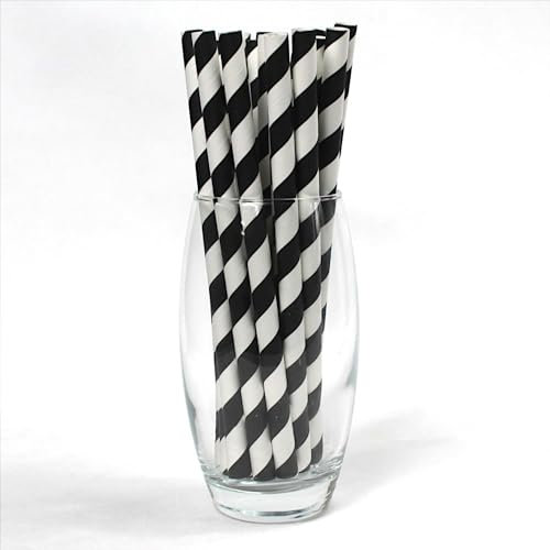 Black & White Striped Paper Straws 10mm x 200mm (8) - Pack Size 200 - Food Safe/PFAS Free/Biodegradable/Ideal for Milkshakes & Smoothies