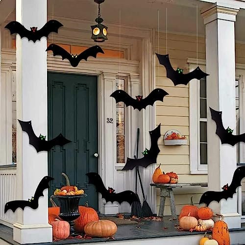 DTYDECLE 12 Stück Halloween Hängende Fledermaus, Hanging Bats Gruselige Schwarze Fledermaus mit leuchtenden Augen für Halloween Party Outdoor Dekoration