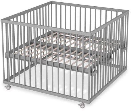 Sämann Laufstall Baby mit Lattenrost und 3 Schlupfsprossen | stufenlos höhenverstellbar | Laufgitter Premium | Babybett aus Holz | Krabbelgitter (grau, 100x100 cm)
