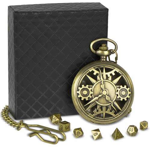 DND Würfel Set, 7 Stück Mini Dice Set, Dungeons and Dragons Dice Set mit Taschenuhrgehäuse, Polyedrisches Metall D&D Würfel Set mit Geschenkbox, Rollenspiel-Brettspiel Zubehör Würfel, Bronze