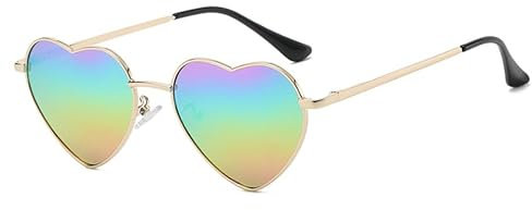QVKUUT Vintage Herz Sonnenbrille Damen Polarisierte, Festival Herzform Sonnenbrille(Gold/Regenbogen)