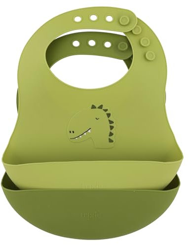 Trixie Mr. Dino Silikon-Lätzchen, verstellbar, mit Futterauffangtasche, weich, wasserdicht und leicht zu reinigen, sauberes Füttern für Babys und Kleinkinder, 2 Stück