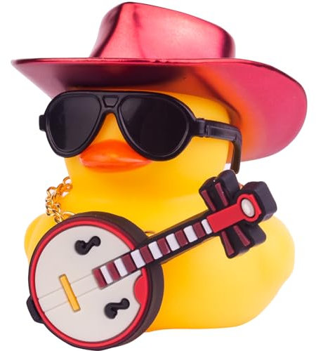 Mwmoeen Auto Gelbe Gummiente, Ente Armaturenbrett Dekoration mit Cowboyhut Halskette Sonnenbrille Mini Musikinstrument für Auto Armaturenbrett Dekorationen