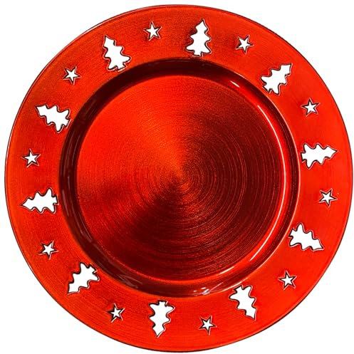 Kazozobi Red Christmas Tree Charger Plates - 13 Reusable Openwork Holidays Party Decorations Round Chargers for Dinner Plate - Elegant Table Setting Centerpieces 6 Pack
