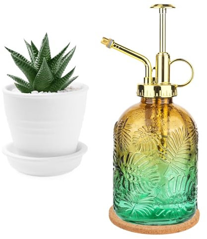 XTDMJ 360ML Glass Plant Mister with Coaster, Mister Spray Bottle for Plants Vintage Plant Sprayer Mister, Decorative Plant Water Mister for Indoor Plants, Succulents(Gradient Brown Green)