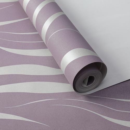 Tarwanear Purple Wave Stripes Wallpaper Non-Woven Abstract Stripe Roll Embossed Flocking Glitter Wallpaper Feature Stripe Modern Geometric Patterned Decor for Living Room Bedroom