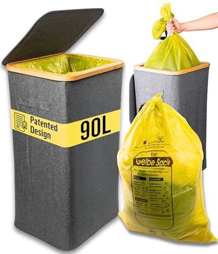 Deco haus® Gelber Sack Ständer 90L [Extra Tragetasche] - Gelber Sack Mülleimer - Stabiler Müllsackständer Extra für gelbe Säcke - Mülleimer mit Deckel - Müllsystem für Küche & Haushalt - Grau