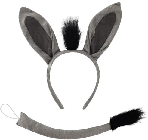 ATSNOSH 2 Stück Esel Kostüm Set, Tier Kostüm Set, Haarreif mit Ohren, Schwanz, Party Dekoration Zubehör, Tier Verkleiden Set, Karneval, Fasching, Maskerade, Cosplay (Grau)