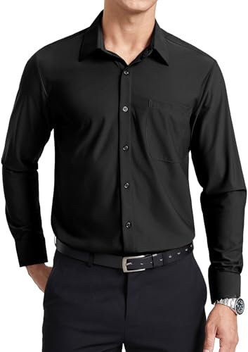 Enlision Camisas Negras Hombre Sin Plancha Stretch Manga Larga Camisa De Vestir Ajuste Regular Negocios Oficina Formal Funeral Cuello con Botones con Bolsillo L